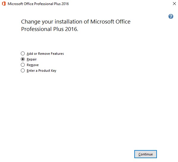 Repair Microsoft Office 2016 graphic