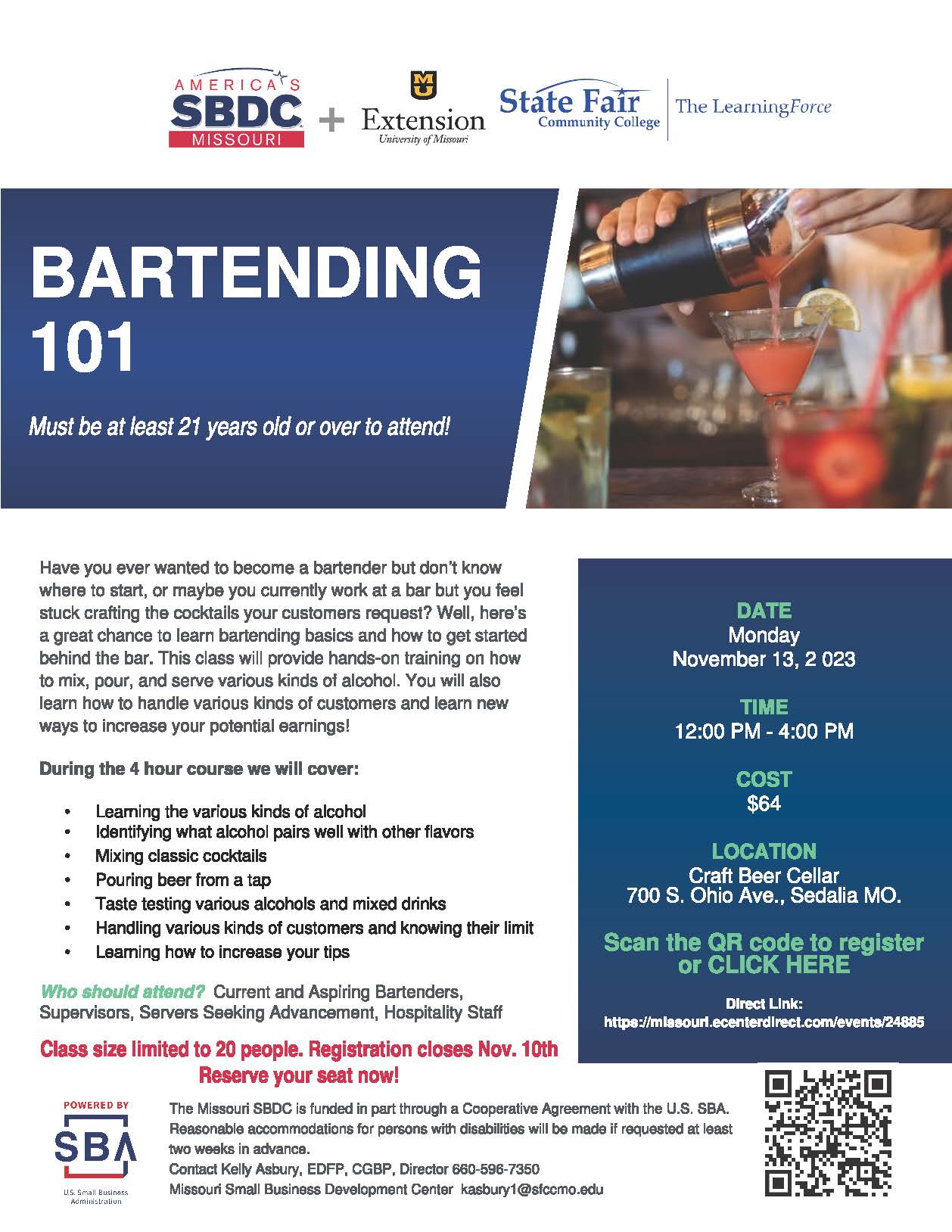 Read more about Missouri SBDC and Learning Force to host a Bartending Basics Workshop